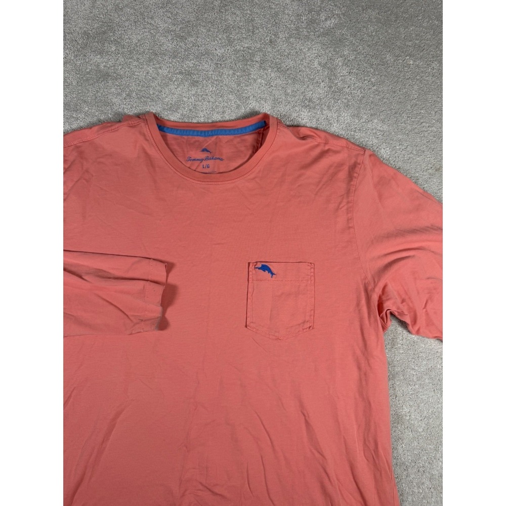 Tommy Bahama L/S Pocket Shirt Mens Large Pink Coral Pima Cotton Marlin UPF Sun * - Picture 2 of 10